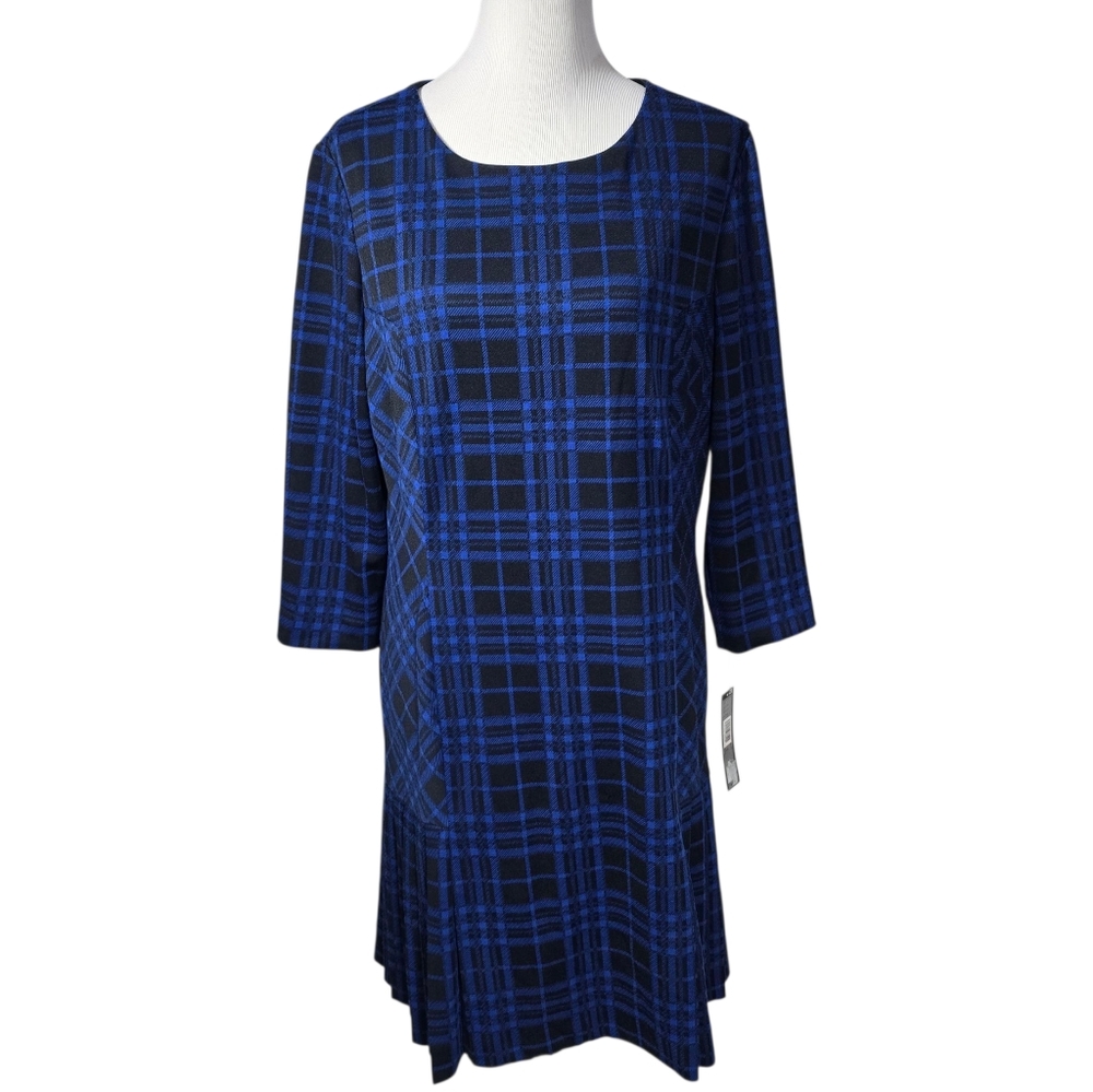 Tahari ASL 16 Blue Black Drop Waist Pleated Dress NWT